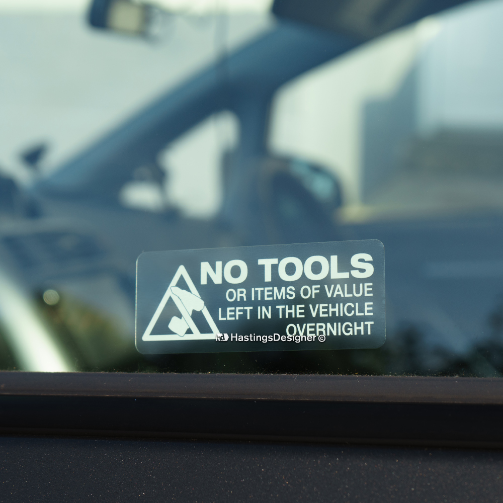 thumbnail image 2 of 2pk 'No Tools Left In This Vehicle Overnight' Stickers - Warning Decals For Car/Van Window 2 of 6