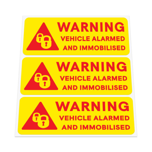 3x WARNING VEHICLE ALARMED AND IMMOBILISED Stickers